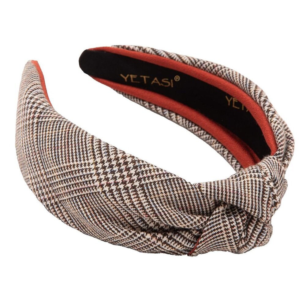 Brown Women's Headbands - Non-Slip Plaid Knotted Headband with Unique Top Knot D